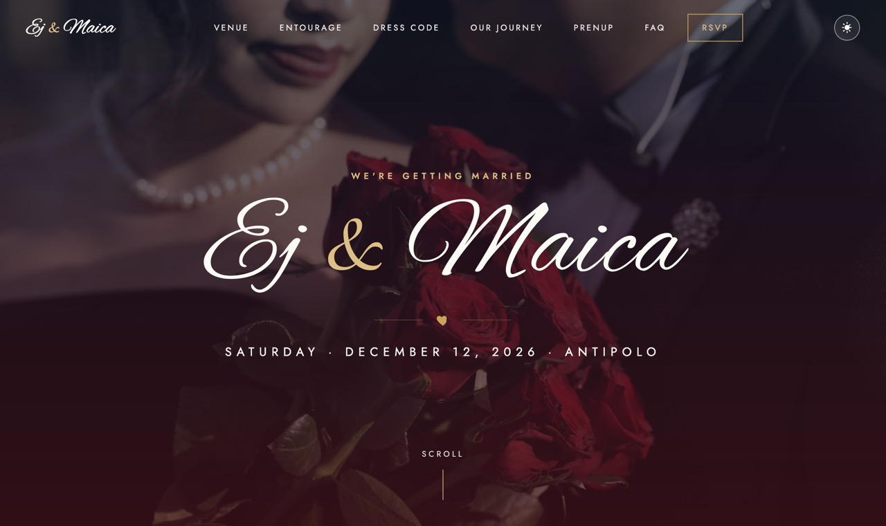 Ej & Maica wedding invitation site showing the hero section with the couple's names over a romantic photo